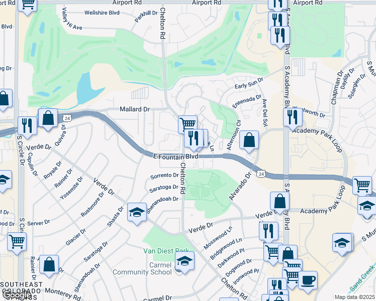 map of restaurants, bars, coffee shops, grocery stores, and more near 3306 East Fountain Boulevard in Colorado Springs