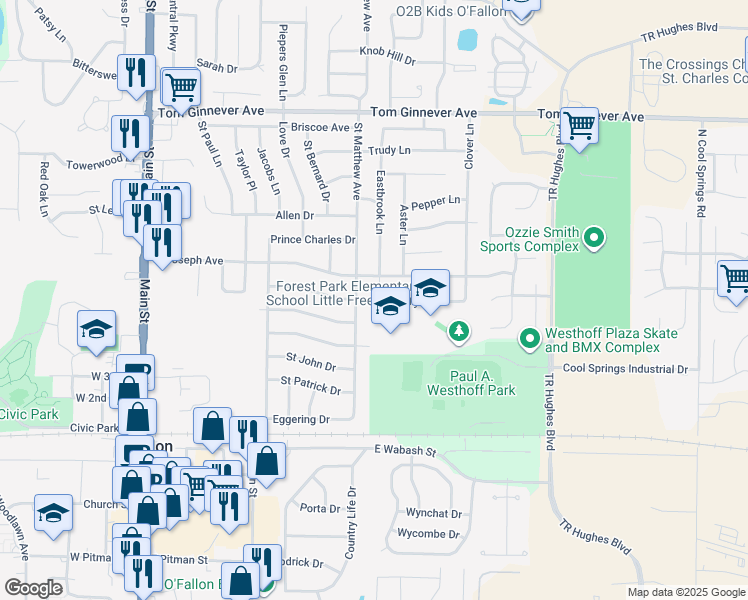 map of restaurants, bars, coffee shops, grocery stores, and more near 407 Eastbrook Lane in O'Fallon