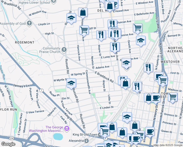 map of restaurants, bars, coffee shops, grocery stores, and more near 9 West Spring Street in Alexandria