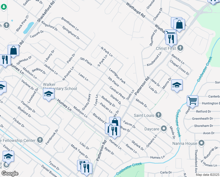 map of restaurants, bars, coffee shops, grocery stores, and more near 760 Central Parkway in Florissant