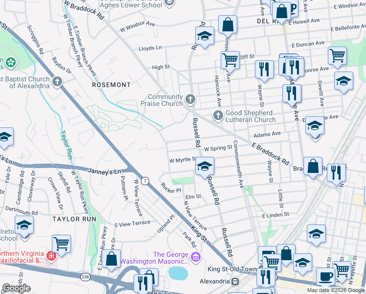 map of restaurants, bars, coffee shops, grocery stores, and more near 205 Summers Drive in Alexandria