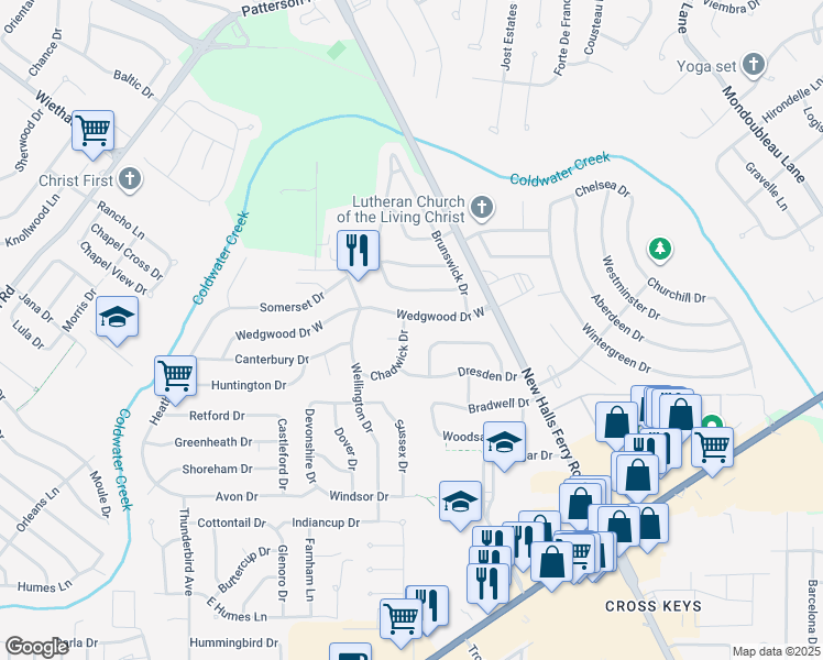 map of restaurants, bars, coffee shops, grocery stores, and more near 3080 Chadwick Drive in Florissant