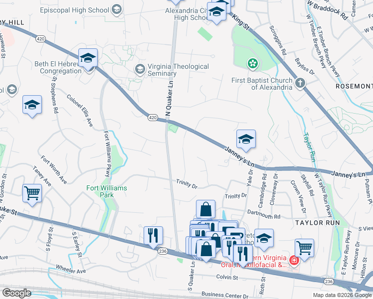 map of restaurants, bars, coffee shops, grocery stores, and more near 513 Cathedral Drive in Alexandria