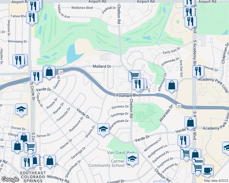 map of restaurants, bars, coffee shops, grocery stores, and more near 1108 Mazatlan Circle in Colorado Springs