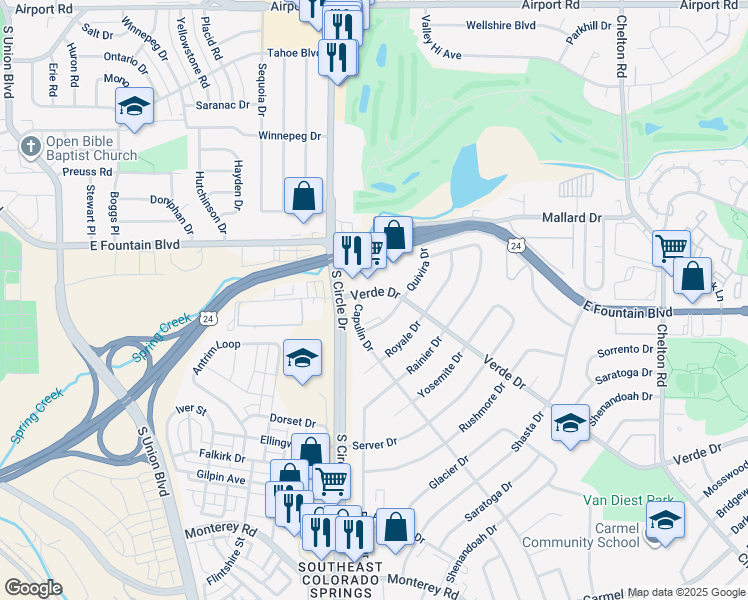 map of restaurants, bars, coffee shops, grocery stores, and more near 1127 Verde Drive in Colorado Springs
