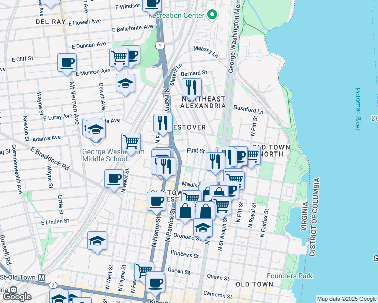 map of restaurants, bars, coffee shops, grocery stores, and more near 101 Independence Avenue Southeast in Washington