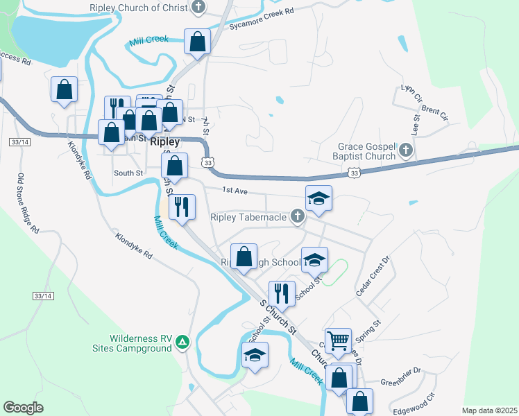 map of restaurants, bars, coffee shops, grocery stores, and more near 242 2nd Ave in Ripley