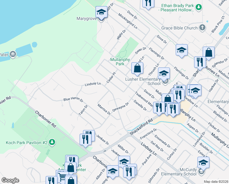 map of restaurants, bars, coffee shops, grocery stores, and more near 2265 Lindsay Lane in Florissant