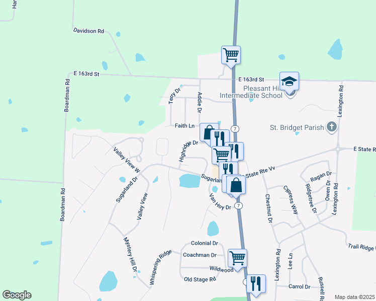 map of restaurants, bars, coffee shops, grocery stores, and more near 2124 Highridge Drive in Pleasant Hill