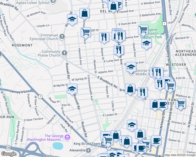 map of restaurants, bars, coffee shops, grocery stores, and more near 17 East Spring Street in Alexandria