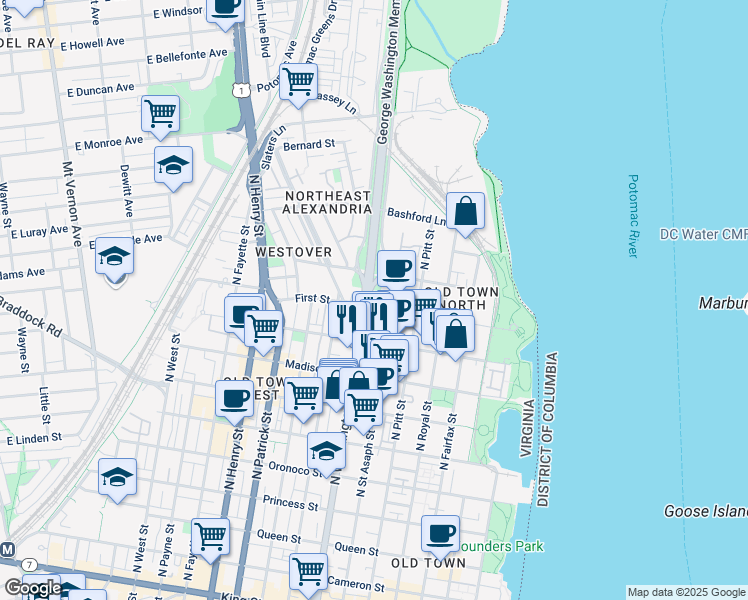 map of restaurants, bars, coffee shops, grocery stores, and more near 1011 North Washington Street in Alexandria