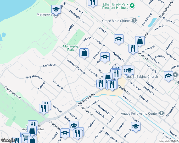 map of restaurants, bars, coffee shops, grocery stores, and more near 2140 David Drive in Florissant