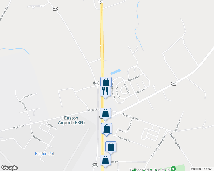 map of restaurants, bars, coffee shops, grocery stores, and more near 9707 Ocean Gateway in Easton