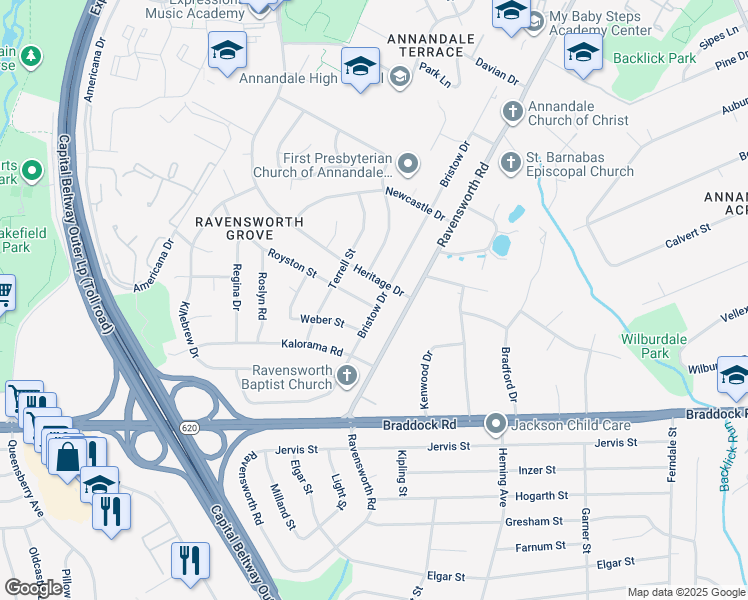 map of restaurants, bars, coffee shops, grocery stores, and more near 5002 Bristow Drive in Annandale