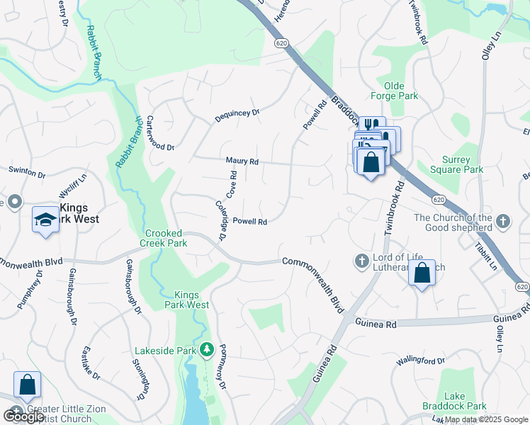 map of restaurants, bars, coffee shops, grocery stores, and more near 5011 Pylers Mill Court in Fairfax