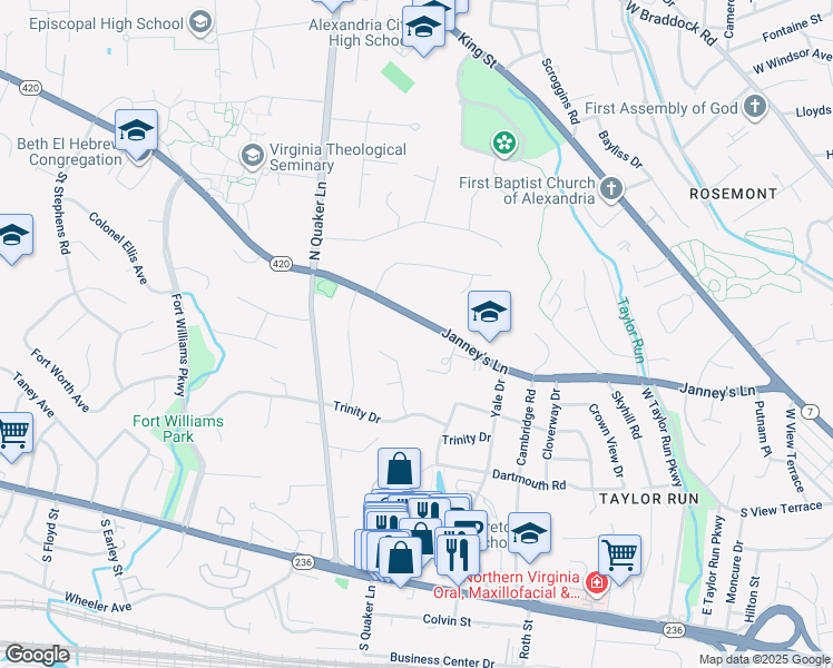 map of restaurants, bars, coffee shops, grocery stores, and more near 1214 Janneys Lane in Alexandria