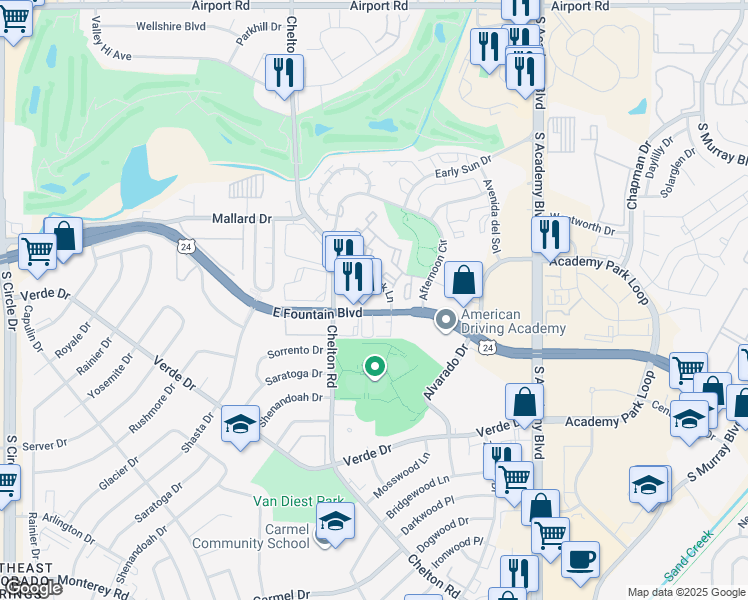 map of restaurants, bars, coffee shops, grocery stores, and more near 3346 East Fountain Boulevard in Colorado Springs