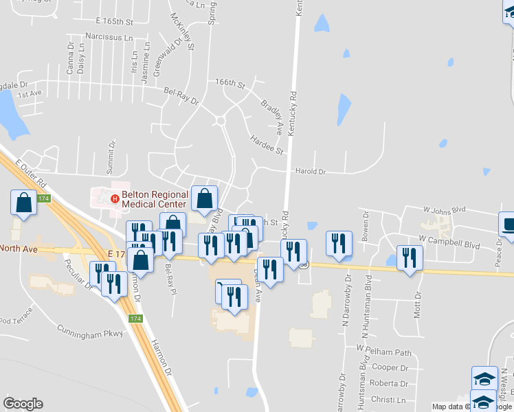 map of restaurants, bars, coffee shops, grocery stores, and more near 8309 Barry Court in Belton
