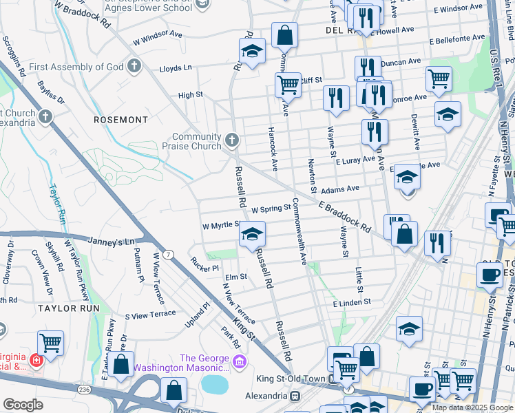 map of restaurants, bars, coffee shops, grocery stores, and more near 25 West Spring Street in Alexandria