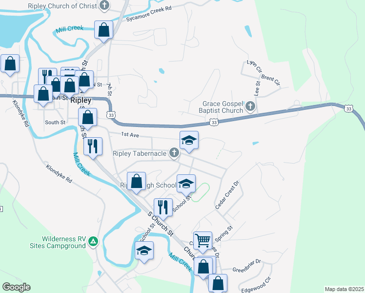 map of restaurants, bars, coffee shops, grocery stores, and more near 334 2nd Ave in Ripley