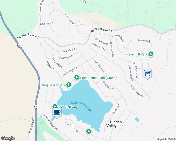 map of restaurants, bars, coffee shops, grocery stores, and more near 18556 N Shore Dr in Hidden Valley Lake