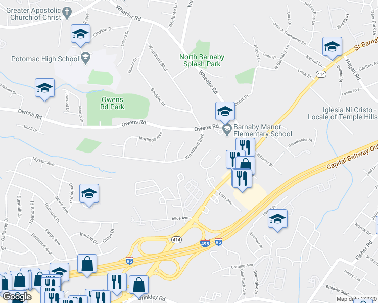 map of restaurants, bars, coffee shops, grocery stores, and more near 5405 Woodland Boulevard in Oxon Hill