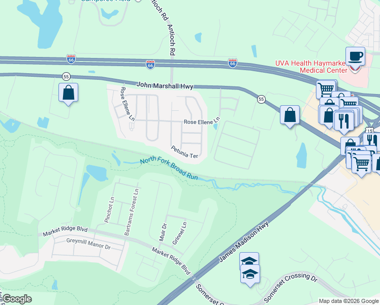 map of restaurants, bars, coffee shops, grocery stores, and more near 6610 Petunia Terrace in Haymarket