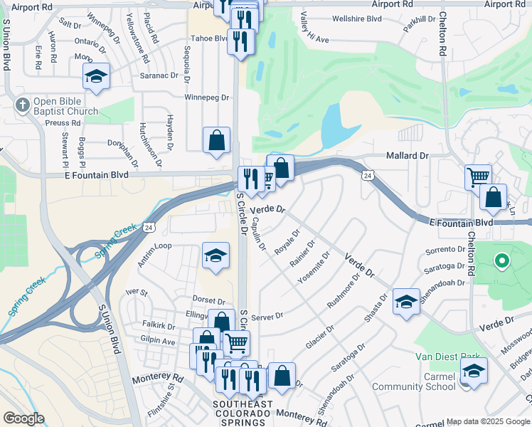 map of restaurants, bars, coffee shops, grocery stores, and more near 1127 Verde Drive in Colorado Springs