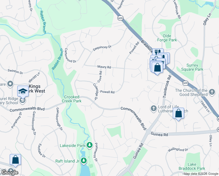 map of restaurants, bars, coffee shops, grocery stores, and more near 5010 Pylers Mill Court in Fairfax