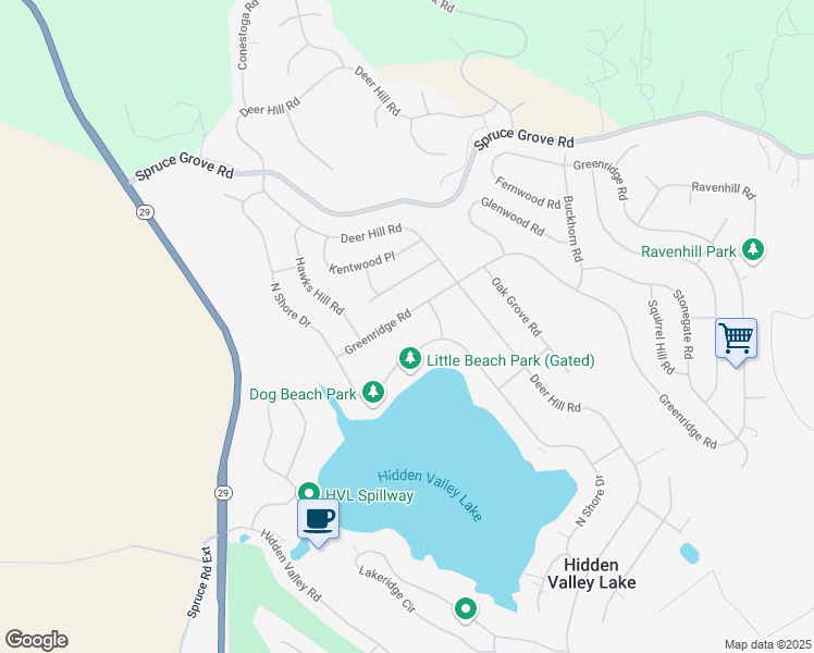 map of restaurants, bars, coffee shops, grocery stores, and more near 18528 North Shore Drive in Hidden Valley Lake