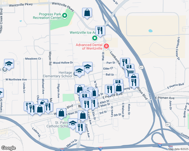 map of restaurants, bars, coffee shops, grocery stores, and more near 512 North Tally Street in Wentzville