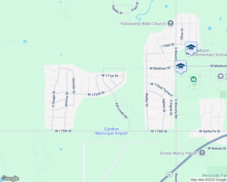 map of restaurants, bars, coffee shops, grocery stores, and more near 31895 West 172nd Street in Gardner