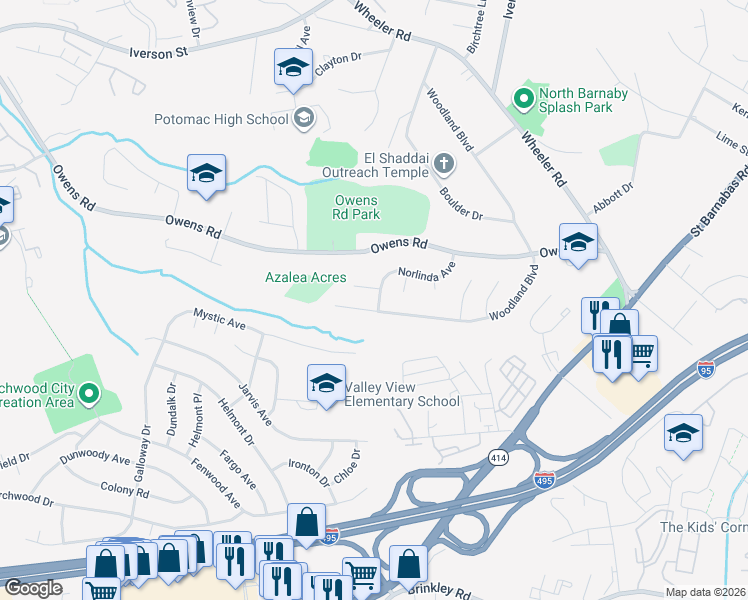 map of restaurants, bars, coffee shops, grocery stores, and more near 2102 Norlinda Avenue in Oxon Hill