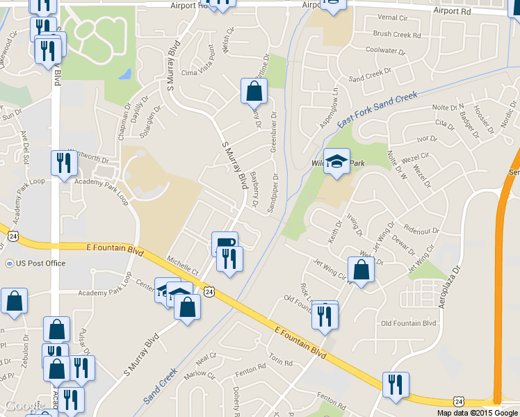 map of restaurants, bars, coffee shops, grocery stores, and more near 1255 Bayberry Drive in Colorado Springs