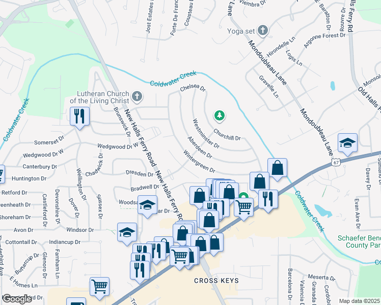 map of restaurants, bars, coffee shops, grocery stores, and more near 2911 Wintergreen Drive in Florissant