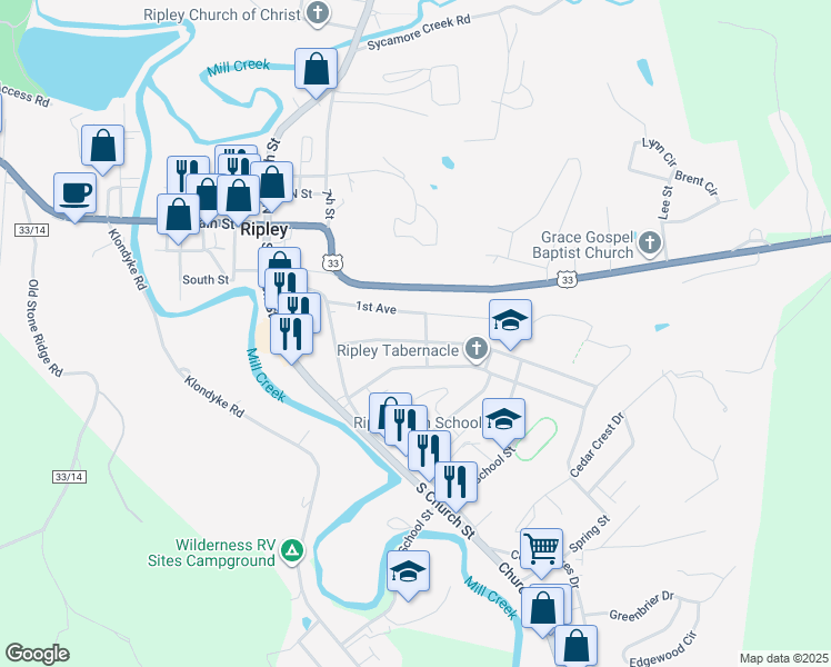 map of restaurants, bars, coffee shops, grocery stores, and more near 242 2nd Ave in Ripley