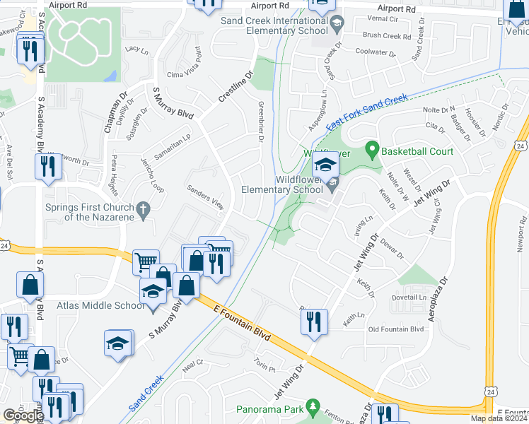 map of restaurants, bars, coffee shops, grocery stores, and more near 1255 Sandpiper Drive in Colorado Springs
