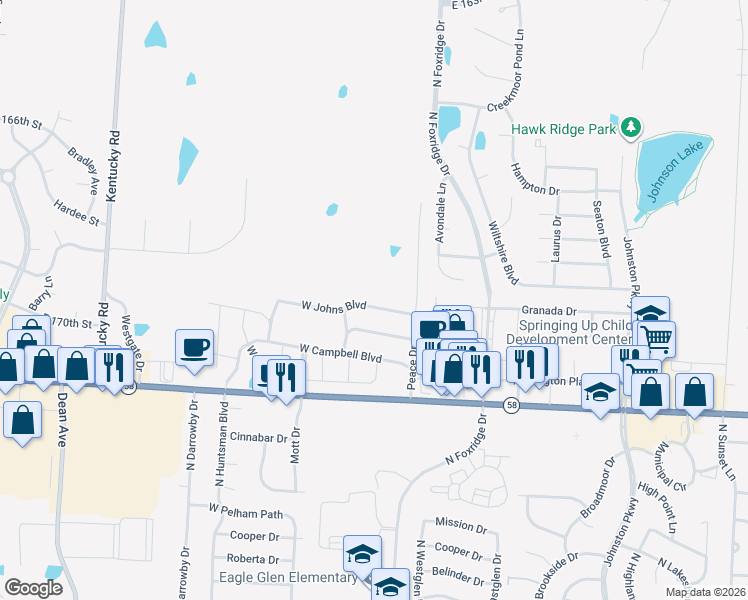 map of restaurants, bars, coffee shops, grocery stores, and more near 1320 West Johns Boulevard in Raymore