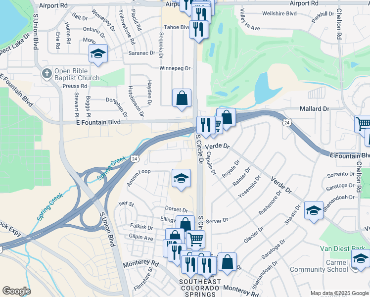 map of restaurants, bars, coffee shops, grocery stores, and more near 1104 South Circle Drive in Colorado Springs