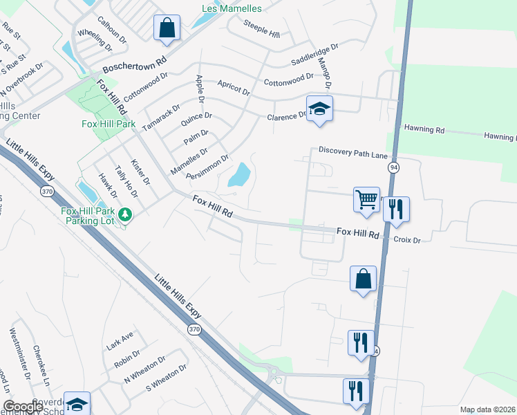 map of restaurants, bars, coffee shops, grocery stores, and more near 6 Depaula Trail in Saint Charles
