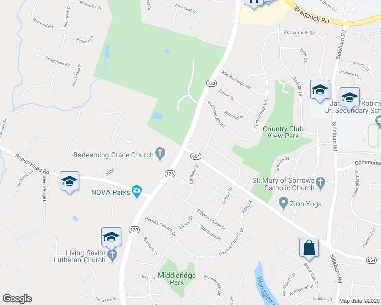 map of restaurants, bars, coffee shops, grocery stores, and more near 20151 Zion Drive in Fairfax