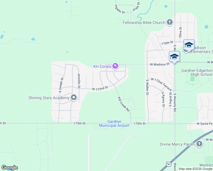map of restaurants, bars, coffee shops, grocery stores, and more near 31972 West 172nd Street in Gardner
