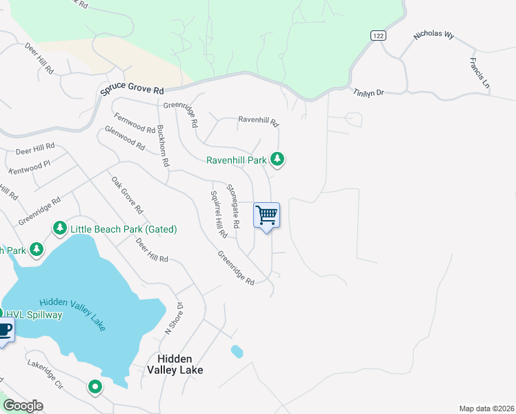 map of restaurants, bars, coffee shops, grocery stores, and more near 19232 Coyle Springs Road in Hidden Valley Lake