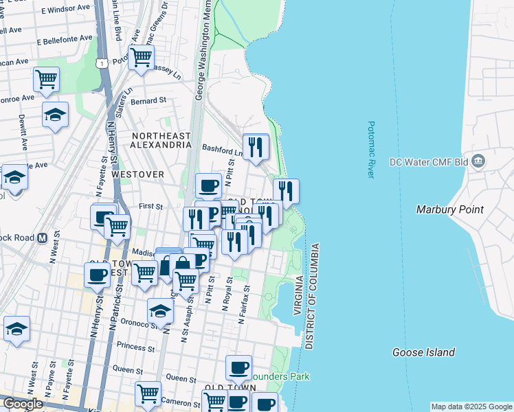 map of restaurants, bars, coffee shops, grocery stores, and more near 1020 North Fairfax Street in Alexandria