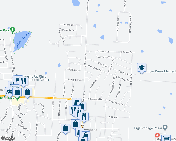 map of restaurants, bars, coffee shops, grocery stores, and more near 328 Shenandoah Drive in Raymore