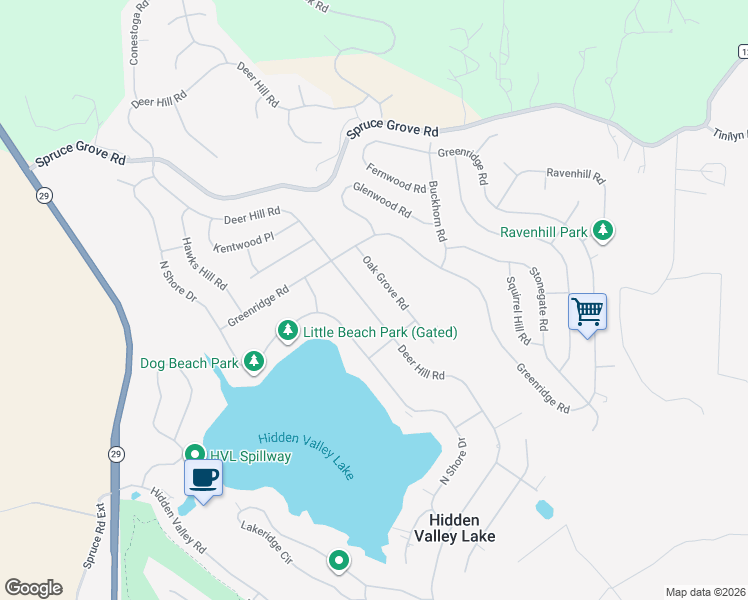 map of restaurants, bars, coffee shops, grocery stores, and more near 18674 Deer Hill Rd in Hidden Valley Lake