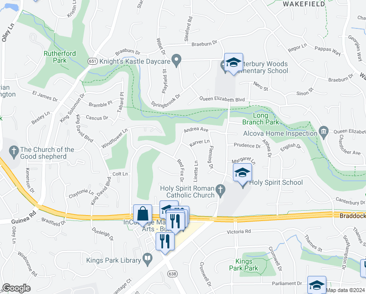 map of restaurants, bars, coffee shops, grocery stores, and more near 5001 Andrea Avenue in Annandale