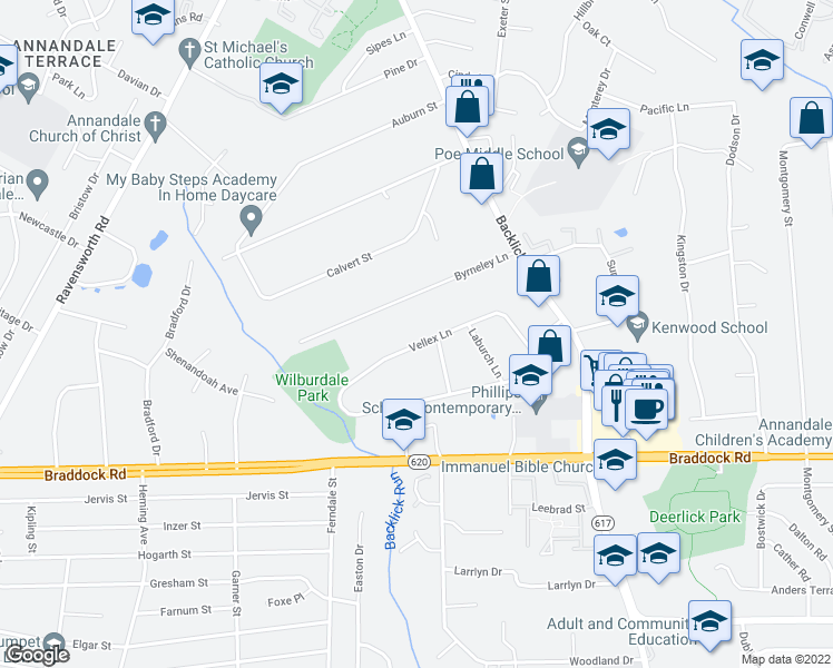 map of restaurants, bars, coffee shops, grocery stores, and more near 7204 Vellex Lane in Annandale