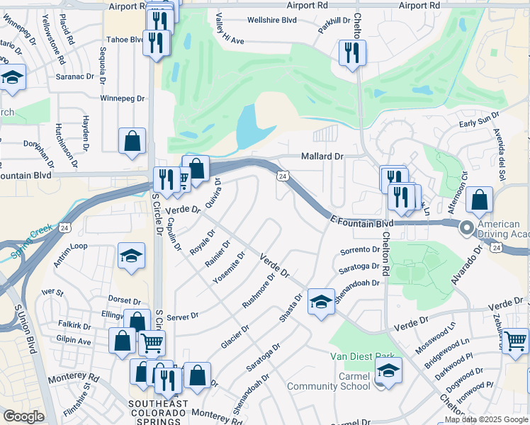 map of restaurants, bars, coffee shops, grocery stores, and more near 1108 Yosemite Drive in Colorado Springs
