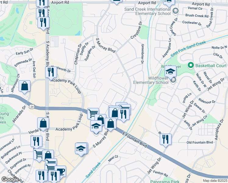 map of restaurants, bars, coffee shops, grocery stores, and more near 1462 Sandalwood Drive in Colorado Springs